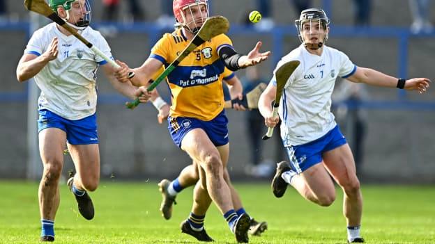 John Conlon of Clare in action against Jack Prendergast, left, and PJ Fanning of Waterford during the Allianz Hurling League Division 1 Group A match between Waterford and Clare at Walsh Park in Waterford. Photo by Eóin Noonan/Sportsfile.