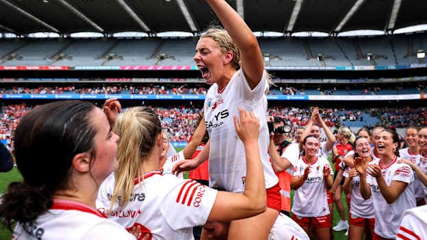 Cork's Laura Hayes celebrates after victory over Galway in the Glen Dimplex All-Ireland Senior Camogie Final. ©INPHO/Ben Brady