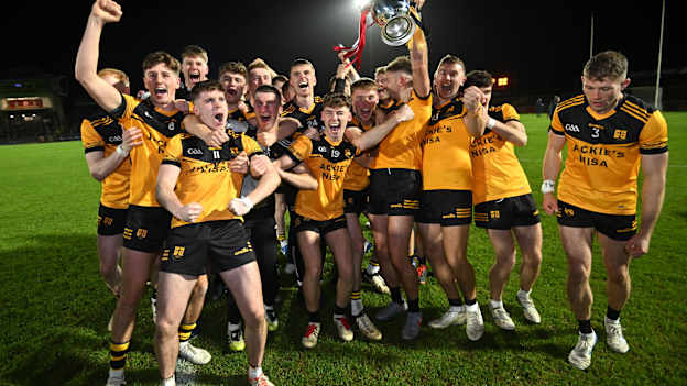 The Loughmacrory players celebrate with the O'Neill cup after the Tyrone County Senior Club Football Championship final match between Loughmacrory and Trillick at O'Neills Healy Park in Omagh, Tyrone. Photo by Oliver McVeigh/Sportsfile