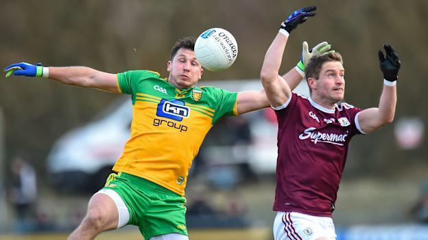 Paul Brennan, Donegal, and Gary O'Donnell, Galway , in Allianz Football League action in 2020. Photo by Oliver McVeigh/Sportsfile