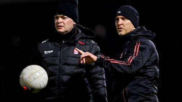 Derry manager Paddy Tally, right, and selector Paul McFlynn during the Allianz Football League Division 1 match between Tyrone and Derry at O'Neills Healy Park in Omagh, Tyrone. Photo by Ramsey Cardy/Sportsfile.