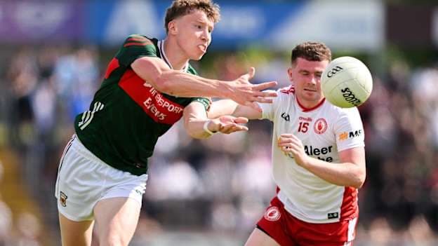 Hugh O'Loughlin, Mayo, and Ethan Jordan, Tyrone, in All-Ireland SFC action. Photo by Ramsey Cardy/Sportsfile
