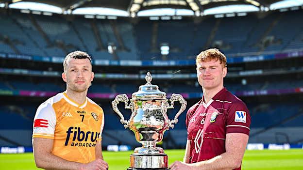 Dermot McAleese of Antrim, left, and Ronan Wallace of Westmeath, pictured with the Tailteann Cup at the launch of the Tailteann Cup at Croke Park in Dublin. Photo by Sam Barnes/Sportsfile.