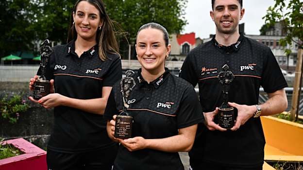 PwC GAA/GPA Players of the Month for June, Kerry footballer Dylan Geaney, Galway camogie player Niamh McPeake and Kerry ladies footballer Emma Costello, pictured with their awards at the PwC offices in Limerick. Photo by David Fitzgerald/Sportsfile.