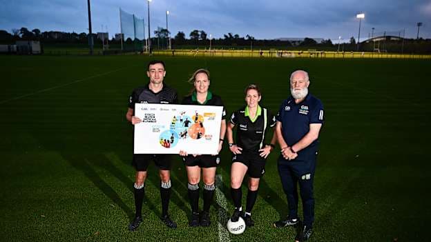 Pictured at the GAA National Games Development Centre in Abbotstown, Dublin, during a photoshoot to mark the launch of a new Match Officials Pathway by the Gaelic Games Associations are, from left, GAA referee Rory Hanley, Camogie referee Jenny Casserly, LGFA referee Angela Gallagher and GAA Handball referee Frank Daly. Photo by Tyler Miller/Sportsfile.