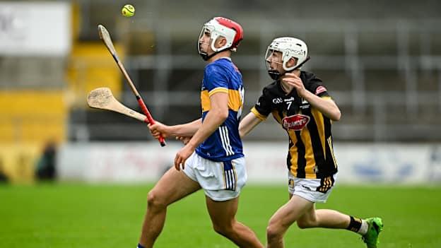 Euan Murray of Tipperary in action against Mikey Rohan of Kilkenny during the 2024 Electric Ireland GAA Hurling All-Ireland Minor Championship final match between Kilkenny and Tipperary at UPMC Nowlan Park in Kilkenny. Photo by Seb Daly/Sportsfile.