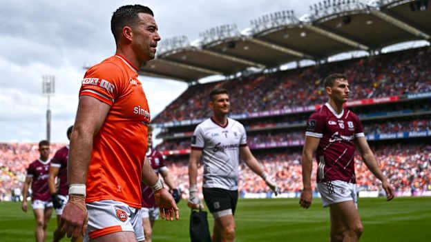 Armagh capatin Aidan Forker leads his team in the pre-match parade before the 2024 All-Ireland SFC Final against Galway at Croke Park. Photo by Piaras Ó Mídheach/Sportsfile