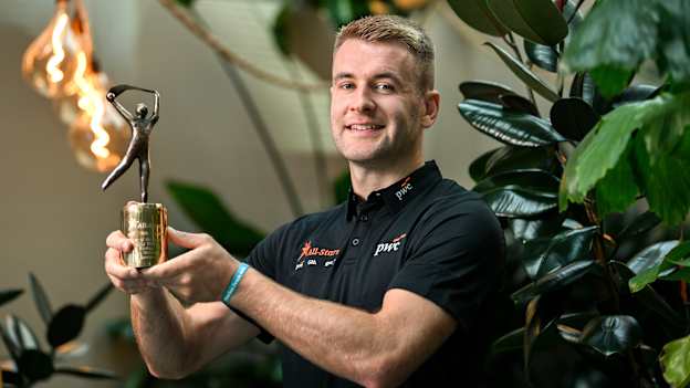 PwC GAA/GPA Player of the Month for July in hurling, John McGrath of Tipperary, with his award at PwC offices in Dublin. Photo by Ramsey Cardy/Sportsfile.