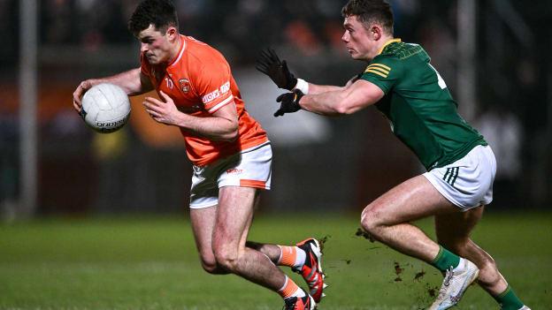 Conor O'Neill, Armagh, and Michael Murphy, Meath, in Allianz Football League action. Photo by Ben McShane/Sportsfile
