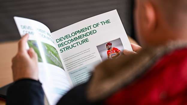 A member of the media examines the Leinster GAA Hurling Championship workgroup report during the Leinster GAA Hurling Championship workgroup media briefing at the Leinster GAA Offices in Portlaoise, Laois. Photo by Seb Daly/Sportsfile.