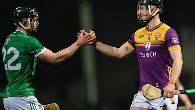Aidan O'Connor of Limerick and Conor Foley of Wexford after the Allianz Hurling League Division 1A match between Limerick and Wexford at TUS Gaelic Grounds in Limerick. Photo by Tom Beary/Sportsfile.