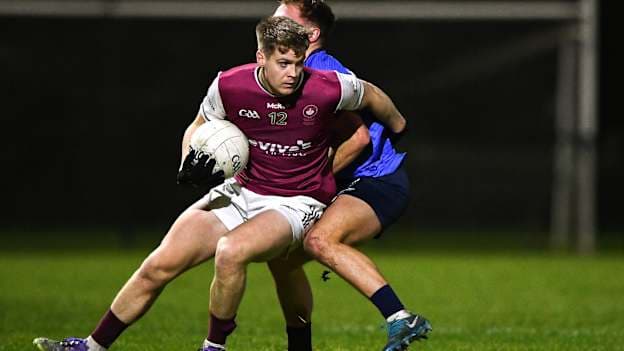Shane McGrath, University of Galway, and Callum Bolton, UCD, in Electric Ireland Sigerson Cup action. Photo by Matt Browne/Sportsfile