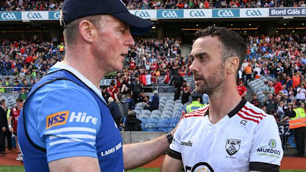 The Laois manager Justin McNulty and Down manager Conor Laverty after the Tailteann Cup Final match between Down and Laois at Croke Park in Dublin. Photo by Ray McManus/Sportsfile.