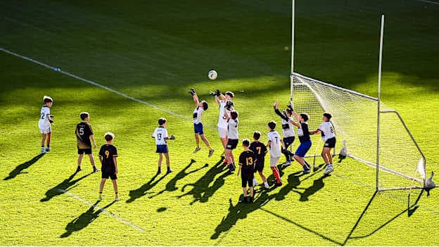 Action during the match between Grace Park Educate Together National School, Dublin, and Scoil Ghrainne Community National School, Dublin, on day one of the 2024 Allianz Cumann na mBunscol Finals at Croke Park in Dublin. Photo by Ramsey Cardy/Sportsfile.