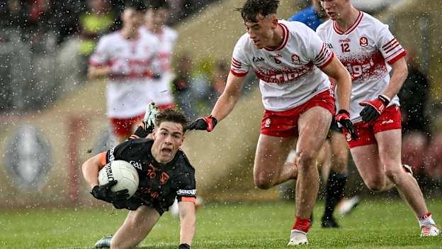 Ross Marsden, Armagh, and James Sargent, Derry, in Electric Ireland MFC Final action at O'Neills Healy Park. Photo by Ramsey Cardy/Sportsfile