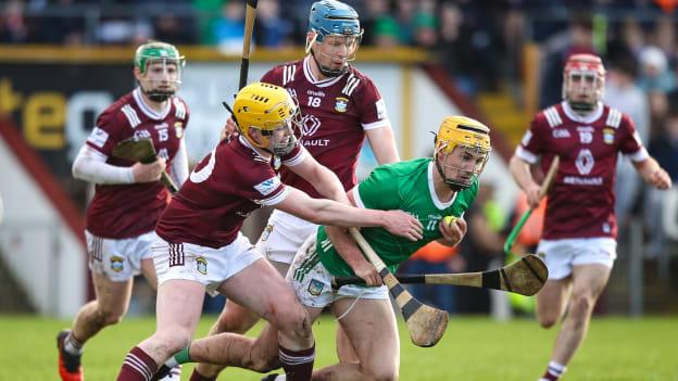 Cathal O'Neill of Limerick in action against Westmeath players from left, David Williams, Owen McCabe, and Tommy Doyle during the Allianz Hurling League Division 1 Group B match between Westmeath and Limerick at TEG Cusack Park in Mullingar, Westmeath. Photo by Michael P Ryan/Sportsfile