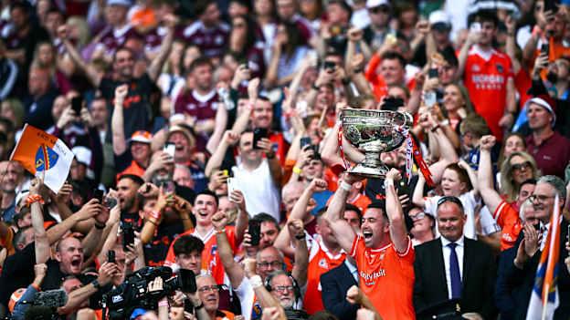 Aidan Forker lifts the Sam Maguire Cup following the 2024 All-Ireland SFC Final. Photo by Ben McShane/Sportsfile