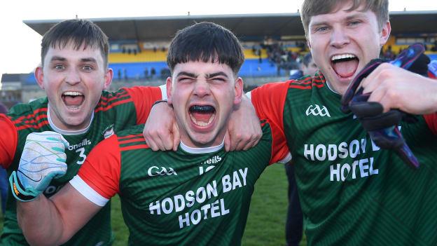 St Brigid's players, from left, Brian Stack, Seán Trundle and Pearse Frost celebrate after their side's victory in the AIB Connacht GAA Football Senior Club Championship final between St Brigid's, Roscommon, and Corofin, Galway, at Dr Hyde Park in Roscommon. Photo by Piaras Ó Mídheach/Sportsfile.