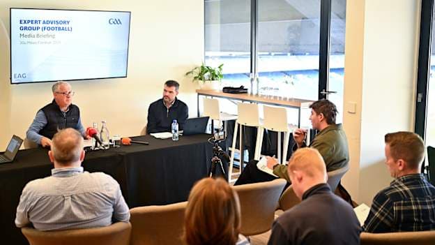 EAG chair Kevin McStay, top table left, and Johnny Bradley of the GAA's Games Intelligence Unit (GIU) during a media briefing of the GAA Gaelic Football Expert Advisory Group (EAG) at Croke Park in Dublin. Photo by Piaras Ó Mídheach/Sportsfile.