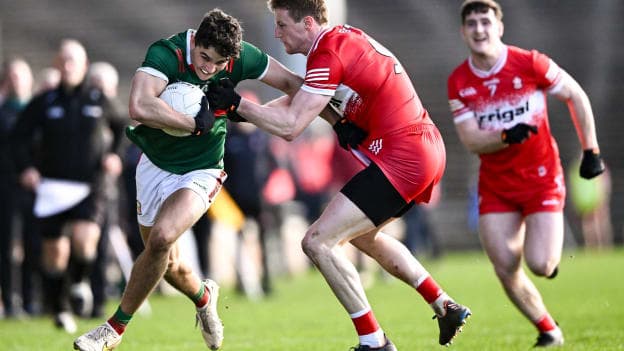 Tommy Conroy, Mayo, and Brendan Rogers, Derry, in Allianz Football League action earlier this year. Photo by Piaras Ó Mídheach/Sportsfile