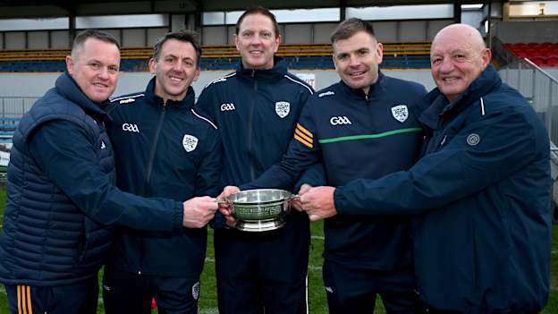 The Ireland management team with the Mowi Quaich Cup, left to right, Ireland manager Michael Kavanagh, Kevin O'Brien, Damien Coleman, Joe O'Leary and Terence McNaughton after the Shinty International match between Ireland and Scotland at Cusack Park in Ennis, Clare. Photo by Ray McManus/Sportsfile.