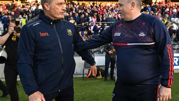 Tipperary manager Liam Cahill and Cork boss Pat Ryan following last year's Munster SHC clash. Photo by David Fitzgerald/Sportsfile