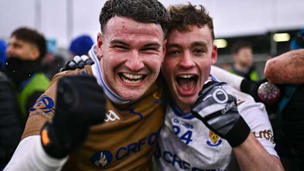 Ballinderry players Ben McKinless, left, and Eoin McCracken celebrate after their side's victory in the AIB GAA Football All-Ireland Intermediate Club Championship semi-final match between Austin Stacks and Ballinderry at Parnell Park in Dublin. Photo by Ben McShane/Sportsfile.