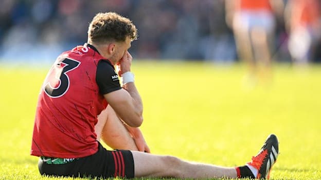 Barry O'Hagan of Down pictured during the 2024 Ulster GAA Football Senior Championship semi-final match between Down and Armagh at St Tiernach's Park in Clones, Monaghan after rupturing his ACL for the second time. Photo by Stephen McCarthy/Sportsfile