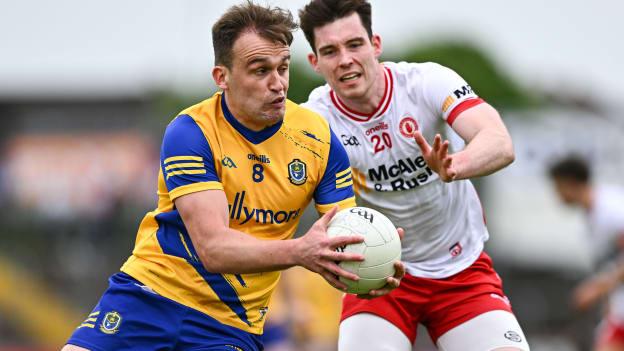 Enda Smith, Roscommon, and Nathan McCarron, Tyrone, in All-Ireland SFC action. Photo by Ben McShane/Sportsfile