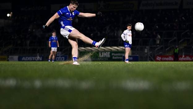 Paddy Lynch of Cavan kicks a free during the Bank of Ireland Dr McKenna Cup match between Cavan and Monaghan at Kingspan Breffni in Cavan. Photo by Ramsey Cardy/Sportsfile.