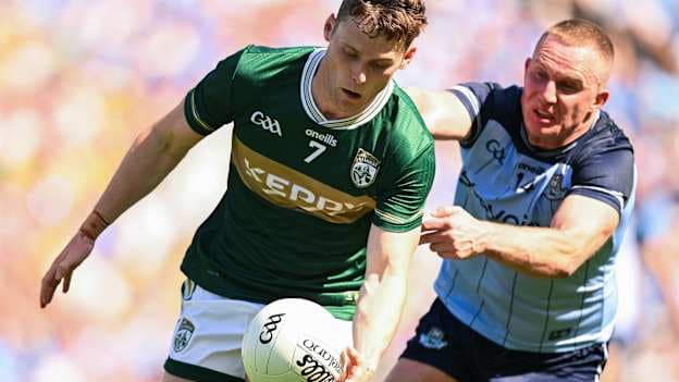 Gavin White, Kerry, and Ciarán Kilkenny, Dublin, in All-Ireland SFC Semi-Final action at Croke Park. Photo by Ramsey Cardy/Sportsfile