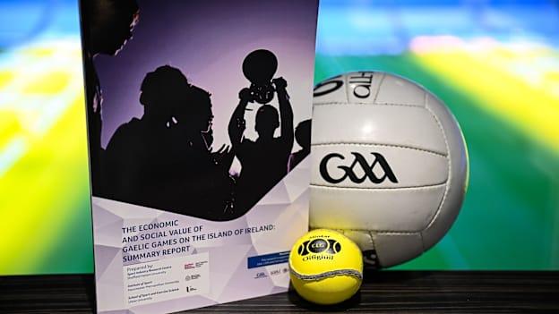 A view of the Economic Impact and Social Value report on Gaelic Games, accompanied by a sliotar and football during the launch of the Economic Impact and Social Value report on Gaelic Games, at Croke Park in Dublin. Photo by Seb Daly/Sportsfile.