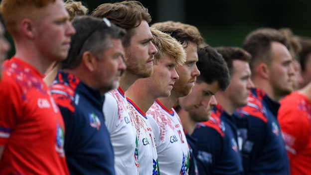 USGAA players, all American born, stand for the national anthem before the 2024 GAA Football All-Ireland Junior Championship semi-final match between USGAA and London at the GAA National Centre of Excellence in Abbotstown, Dublin. Photo by Shauna Clinton/Sportsfile