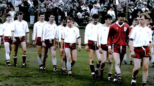 A young Peter Canavan leads out Tyrone before the 1991 All-Ireland U21 Football Final against Kerry. 