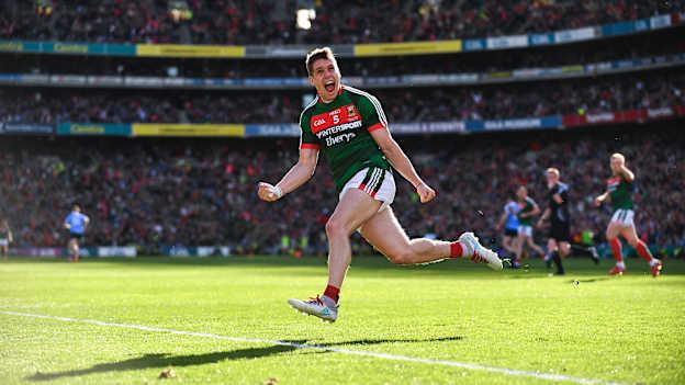 Lee Keegan of Mayo celebrates after scoring a goal in the 54th minute of the 2017 GAA Football All-Ireland Senior Championship Final match between Dublin and Mayo at Croke Park in Dublin. Photo by Sam Barnes/Sportsfile