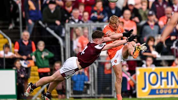 Cian McConville, Armagh, and Jack Glynn, Galway, in All-Ireland SFC action. Photo by: Ben McShane/Sportsfile