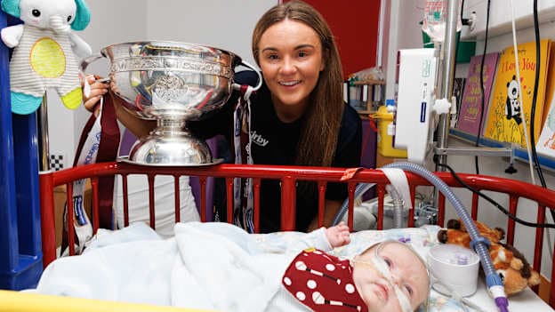 2025 Glen Dimplex All-Ireland Senior Camogie Champions Galway Visit Temple Street Children's Hospital, Dublin 11/8/2025Galway’s Mairead Dillon with Luke Harty, aged 2 months from GalwayMandatory Credit ©INPHO/Tom Maher.