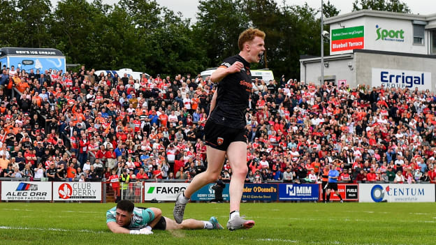 Conor Turbitt of Armagh celebrates after scoring his side's second goal during the GAA Football All-Ireland Senior Championship Round 2 match between Derry and Armagh at Celtic Park in Derry. Photo by Seb Daly/Sportsfile.