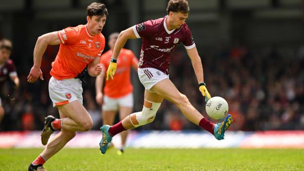 Robert Finnerty, Galway, and Ciaran Higgins, Armagh, in All-Ireland SFC action. Photo by Brendan Moran/Sportsfile
