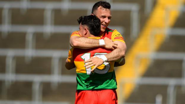 Carlow players Jamie Clarke, 15, and Darragh Foley celebrate after the 2023 Tailteann Cup Group 3 Round 3 match between Longford and Carlow at Laois Hire O'Moore Park in Portlaoise, Laois. Photo by Matt Browne/Sportsfile.
