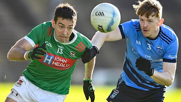 Evan Regan, Ballina Stephenites, and Niall McManamon, Westport, in Mayo SFC Final action. Photo by David Fitzgerald/Sportsfile