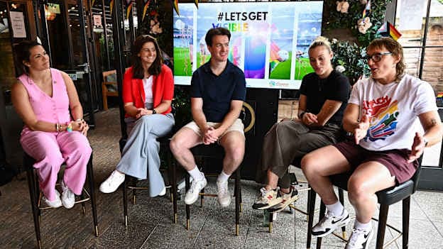 Panel speakers, from left, former Wexford camogie player Mags Darcy, Kevin Penrose, former Dublin ladies footballer Nicole Owens and former Ireland women's rugby player Lindsay Peat during the Gaelic Games Pride Celebrations at the Croke Park Hotel in Dublin. Photo by David Fitzgerald/Sportsfile.