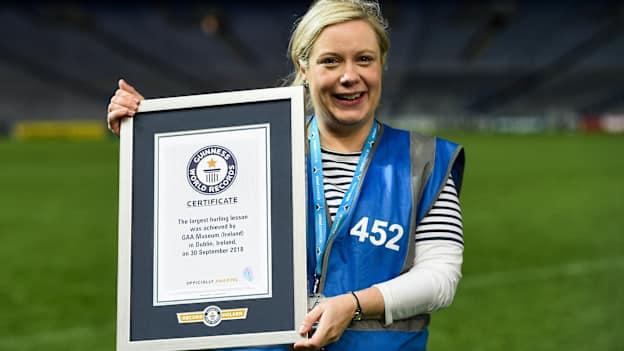 Julianne McKeigue, GAA Museum, with the Guinness World Record Certificate following the Official Guinness World Record Attempt for World’s Largest Hurling Lesson at Croke Park in 2018. The attempt, which saw 1,772 participants take to the field was made to celebrate 20 Years of the GAA Museum. Photo by Sam Barnes/Sportsfile