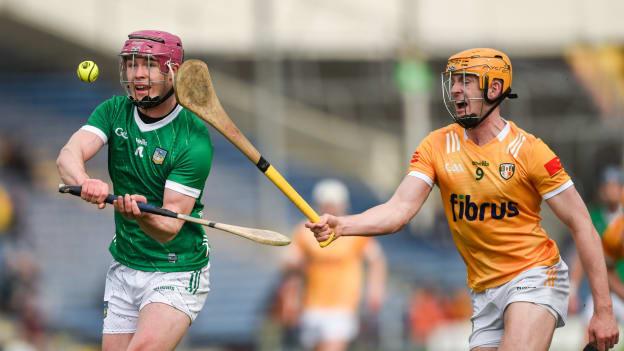 Shane O'Brien, Limerick, and Niall O'Connor, Antrim, in Allianz Hurling League action. Photo by Tom Beary/Sportsfile