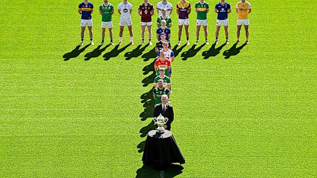 In attendance at the launch of the Tailteann Cup at Croke Park in Dublin is Uachtarán Chumann Lúthchleas Gael Jarlath Burns, centre, with back row from left, Sean O’Connor of Tipperary, Tighe Barry of London, Callum Bolton of Kildare, Ronan Wallace of Westmeath, Killian Roche of Laois, Mark Diffley of Leitrim, Dean Healy of Wicklow and Dermot McAleese of Antrim. Along with front row, from front to back, Cillian Fahy of Limerick, Paddy Fox of Longford, Niall Murphy of Sligo, Conor Murray of Waterford, Mikey Bambrick of Carlow, Lee Pearson of Offaly and Declan McCusker of Fermanagh. Photo by Sam Barnes/Sportsfile.