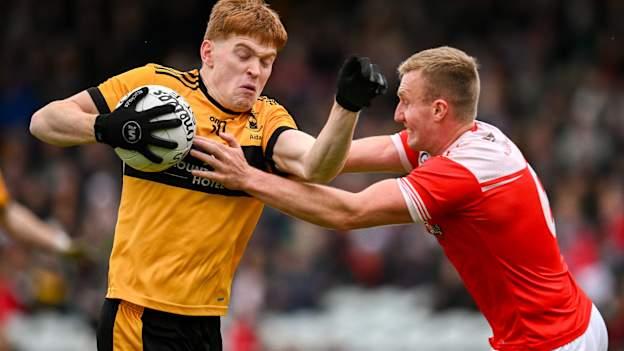 Ciaran Moore, St Eunan's, and Conor O'Donnell, Dungloe, in Donegal SFC Final action. Photo by Ramsey Cardy/Sportsfile