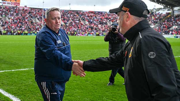 Pat Ryan and Liam Cahill shake hands following Cork's Munster SHC win over Tipperary earlier this year in the Munster SHC at SuperValu Páirc Uí Chaoimh. Photo by Brendan Moran/Sportsfile