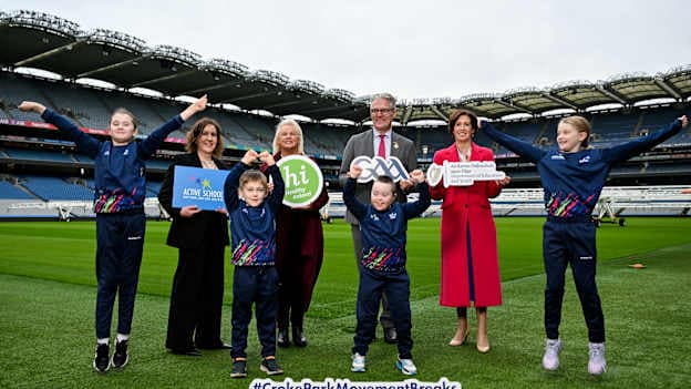 In attendance at launch of the new Croke Park Active Breaks initiative are, backrow from left, ASF National Coordinator Karen Cotter,  Minister of State at the Department of Health Jennifer Murnane O'Connor TD, Uachtarán Chumann Lúthchleas Gael Jarlath Burns, and Minister for Education and Youth, Hildegarde Naughton TD with front row from left, Andrea Gallagher, Teddy Kelly, Aaron O'Connor and Muireann Reen, at Croke Park in Dublin. The initiative provides school children with mental and physical health exercises in class. Photo by Sam Barnes/Sportsfile