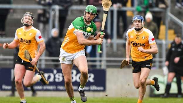 Brian Duignan scoring a first half point for Offaly against Antrim in the Allianz Hurling League. Photo by Matt Browne/Sportsfile