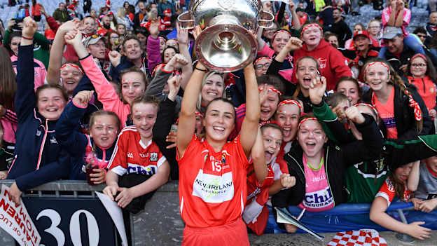Cork's Lauren Homan celebrates after the 2018 All-Ireland Senior Camogie Final at Croke Park. Photo by David Fitzgerald/Sportsfile